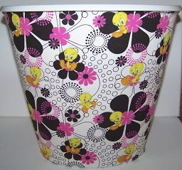   Bird Black & Pink Flowers on White Wastebasket Custom Made Trash Can