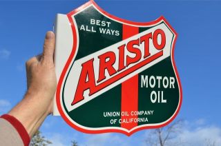 OLD STYLE ARISTO UNION MOTOR OIL & GAS VINTAGE TYPE SHIELD FLANGE SIGN 