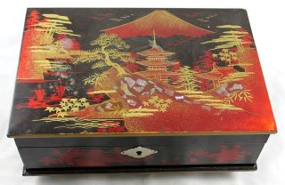 Japanese vintage MUSIC JEWELRY BOX Black Lacquer Fuji Pagoda Mother 