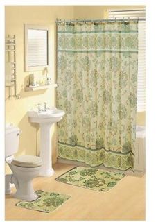 Paisley Floral Vines Green Shower Curtain Bathroom Beige Bath Rug 15 