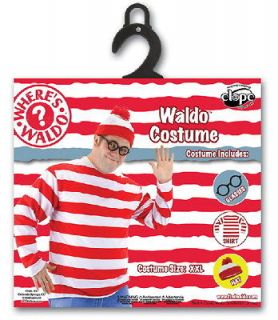 Wheres Waldo Shirt, Hat and Glasses Adult Size XXL Costume Kit NEW 