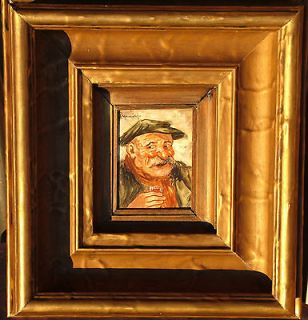 European oil painting MAN DRINKING BEAR PORTRAIT signed MYSTERY artist