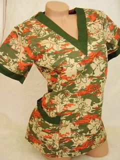 New Women Nursing Scrubs Orange Green Camo Camouflage Cotton Top Size 