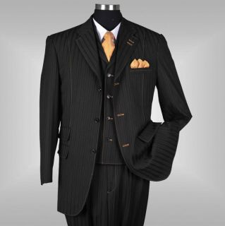 Mens 3 piece Milano Moda Elegant Stylish Classic Stripes Suit Black 