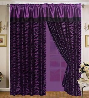 zebra flocking black purple curtain window panel set new c5759