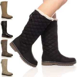 WOMENS LADIES GIRLS FLAT HIGH CALF KNEE QUILTED FUR LINED WINTER SNOW 