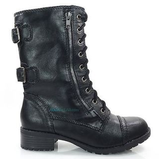 Dome Black P Leather Women Military Combat Boots Laced Up W/ Zipper 