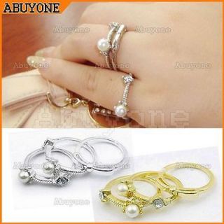 Lovely Cute 3in1 Gold Silver Color Crystal Pearl Butterfly Ring