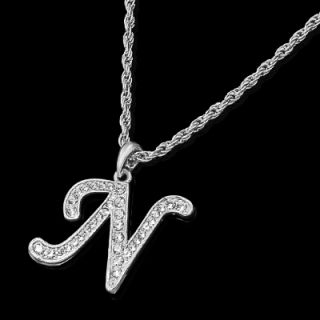 ALPHABET INITIAL LETTER N SILVER PLATED w/ CRYSTAL PENDANT CHARM 