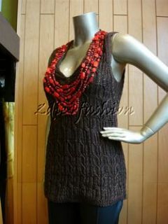 Color  Dark Brown Knit with Red thread and bead necklace detail