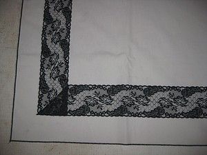 Vintage White Cloth Tablecloth Black Lace Accents Elegant 60 x 80 