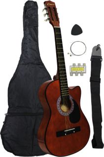 New Beginners Coffee Cutaway Acoustic Guitar Gigbag Strap Tuner Lesson 