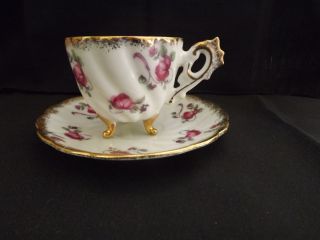 FRED ROBERTS GILDED FLORAL FOOTED TEACUP AND SAUCER ANTIQUE VINTAGE 