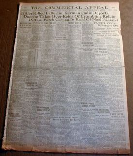 1945 WW II Headline Newspaper Adolph Hitler Commits Suicide in His 