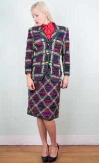 Adolfo Saks Vtg 70s Holiday Boucle Knit Skirt Suit Crest Blazer Jacket 