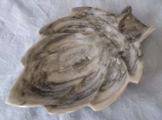 Carved Gray Alabaster Small Dish Ashtray Stone Leaf Shaped Shape
