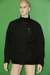  Alan Mens Black Waxed Cotton Knit Collar Bomber Jacket MOW14CT Sz L 
