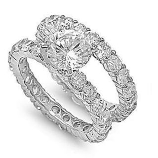 Solitaire 925 Silver Simulated Diamond Eternity Engagement Ring Set 