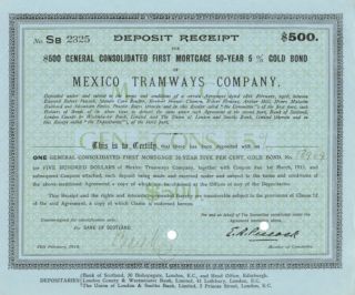 RARE HISTORIC MINT ORIG 1916 MEXICO TRAMWAYS $500 GOLD BOND A UNIQUE 