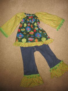 Custom Boutique Resell Christmas Peasant Top with Ruffle Jeans Size 3T 