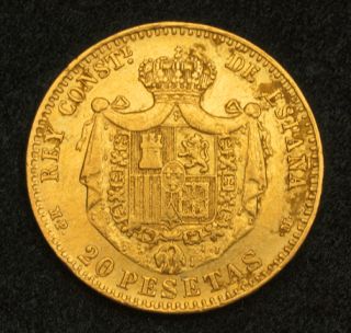 1890, Spain, Alfonso XIII. Heavy Gold 20 Pesetas Coin. 6.43gm