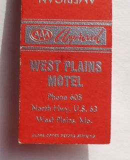 1940s? Matchbook West Plains Motel Phone 605 North Hwy. 63 West Plains 