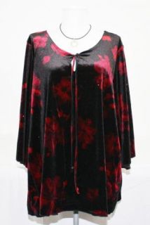 Maggie Barnes 3 4 Sleeve Black Red Floral Velvet Top 2X J69