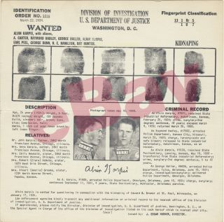 ORIGINAL Alvin Karpis FBI WANTED POSTER Mug shot BARKER GANG Alcatraz 