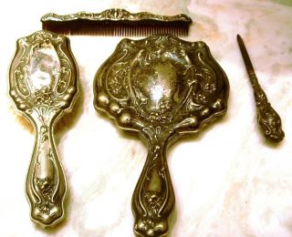Antique Vintage Vanity Set G Silver Mirror Brush Comb Nail File Ornate 