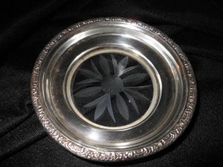 Vintage Antique AMSTON Sterling Silver & Glass Wine Tray etched ornate 