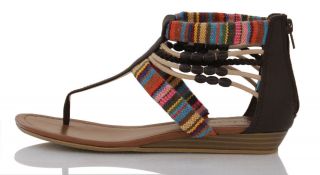 Brown Stripe Canvas Bead Details Flats Sandals Amory