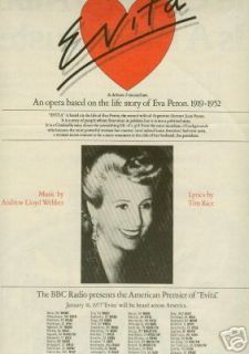 Andrew Lloyd Webber Original 1977 Evita Promo Poster Ad