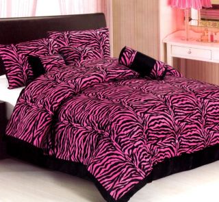 Pink Zebra Animal Print Faux Fur Comforter Set King Queen w Matching 