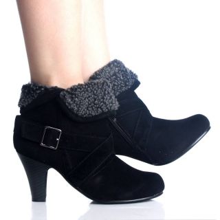 Black Ankle Boots Winter Fur Buckle Fold Over Velvet Womens High Heels 