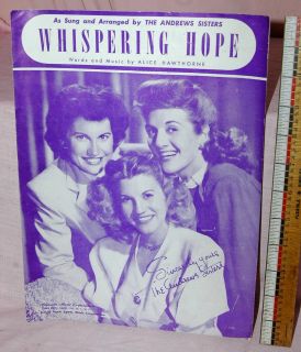 1949 Andrews Sisters Photo Cover Whispering Hope Sheet Music Nice 