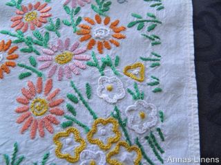 Vintage Hand Embroidered Tablecloth White Linen Flowers