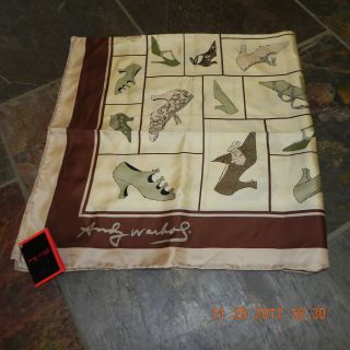 Vintage Andy Warhol Shoes Silk Twill Scarf 33 x 33 in Beige Green Tans 