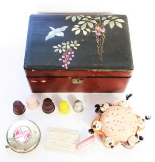 VINTAGE JAPANESE Jewelry Box full LOT antique sewing items pincushion 