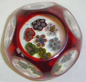 Antique Faceted Red Clear Millefiori Art Glass Paperweight w 