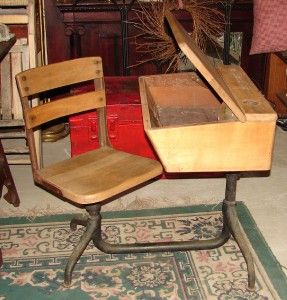 vintage wooden childs school desk swivel chair