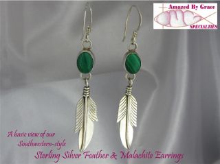 Vintage Southwestern Sterling Malacite Feather Earrings