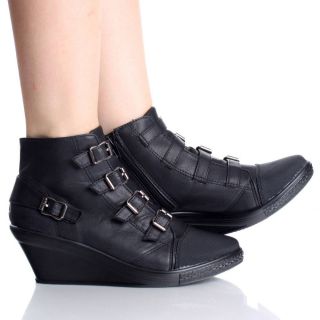Black Wedge Ankle Boots Steam Punk Buckle Fashion Womens Bootie Heels 