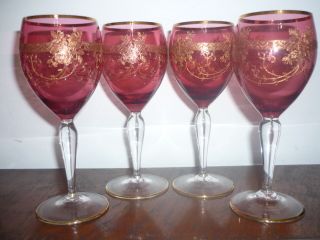 Antique Vintage Victorian Gold Cranberry Ruby Wine Glasses