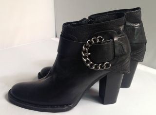 Black Leather APEPAZZA Buckle Trim Ankle Boots