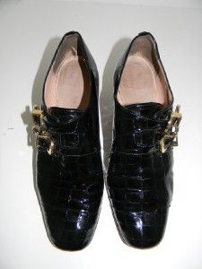 Anyi Lu Italy Black Leather Croc Print Pumps Shoes Sz 39