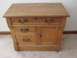 Antique Oak Wood Wash Basin Nightstand Table Dresser Furniture 3 