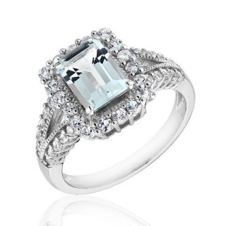   Silver Octagon Aquamarine and Created White Sapphire Ring