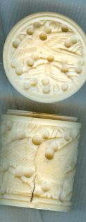 Carved Bone Thimble Pill Case Eagle Butterfly Chinese 19th century