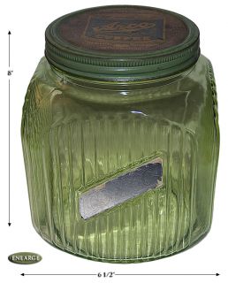 Hocking Green Ribbed Arco Advertising Coffee Canister