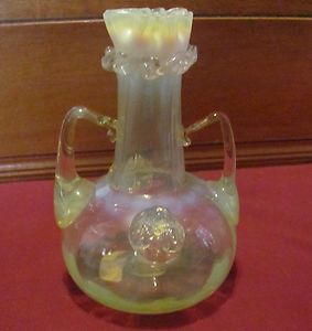Antique Topaz Vaseline Opalescent Blown Art Glass Vase Applied Handles 